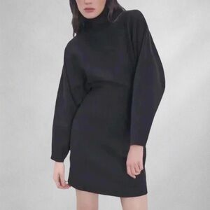 Zara Knit Dress Size M Black Mini Dolman  Sleeve Casual Turtleneck Neck h